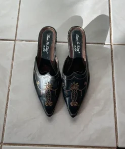 Black leather mules