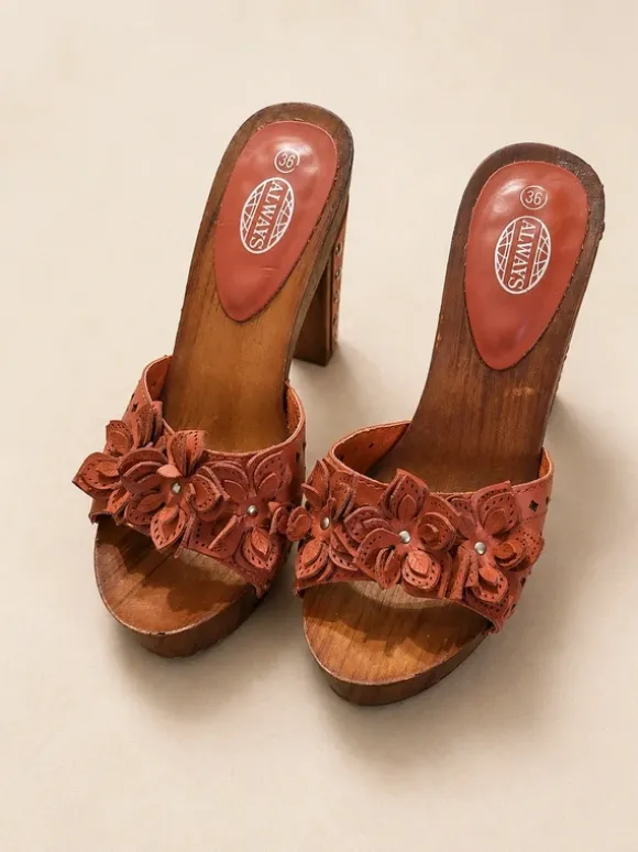 Klapki drewniane ALWAYS r. 36 skórzane kwiaty boho retro